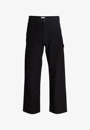 Svarte bukser med rette ben, sidelommer, knappelukking og beltehemper, vist forfra på hvit bakgrunn.