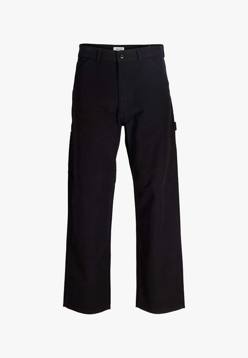 Čierne nohavice s rovnými nohavicami, bočnými vreckami, zapínaním na gombík a pútkami na opasok, zobrazené spredu na bielom pozadí.