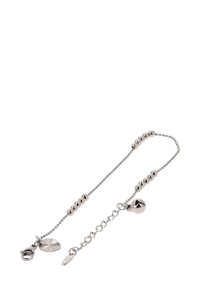 Ezüst lánc karkötő, kerek gyöngyökkel, levél charm-mal és harang díszítéssel. Texturált fém, fényes és matt felülettel. Állítható hosszúság.