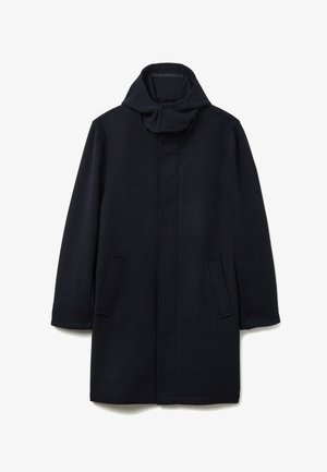 Marineblauwe wollen jas met een hoge kraag, voorzien van een rechte snit, twee voorkantzakken en een gladde textuur. Geen zichtbare sluitingen.