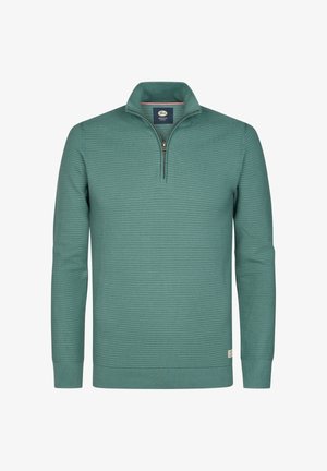 Vihreä, teksturoitu pitkähihainen neulepaita, jossa on neljäsosa vetoketjukaulus sekä resorit hihansuissa ja helmassa, esitetty valkoisella taustalla.