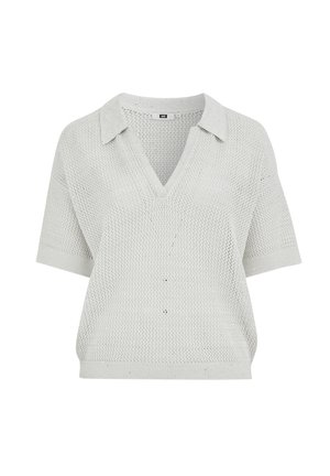 Helehall lühikeste varrukatega kootud kampsun V-kaelusega ja kraega, millel on lõdva, õhulise võrkmustri ja soonikkoes servad.