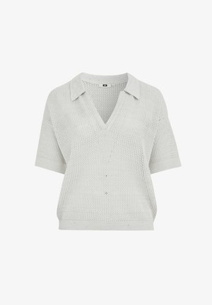 Pulover tricotat cu mâneci scurte, de culoare gri deschis, cu decolteu în V și guler, având un model lejer și aerisit de plasă și margini cu nervuri.