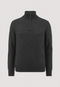 Dunkelgrauer gestrickter Pullover mit hohem Kragen und Reißverschluss. Verfügt über gerippte Bündchen und Saum, hergestellt aus einem weichen Wollmischmaterial.