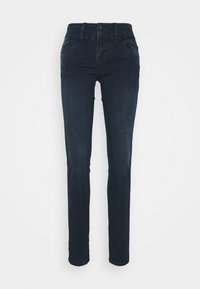 Mørkeblå denimjeans med rett ben-design, to frontlommer, knap-lukning og en glat tekstur.