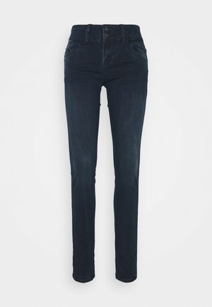 Dark blue denim jeans with a straight-leg design, two front pockets, a button-fly closure, and a smooth texture.