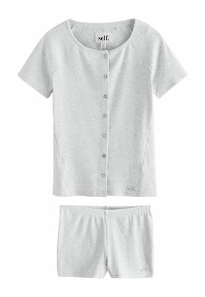 Light gray short-sleeve button-front top and matching elastic waist shorts, both made from ribbed fabric with small "self." logo.