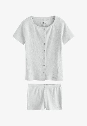 Light gray short-sleeve button-front top and matching elastic waist shorts, both made from ribbed fabric with small "self." logo.