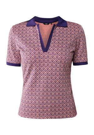 Korte mouwen polo t-shirt in roze met een geometrisch patroon en paarse kraag. Heeft een V-hals en een gebreide structuur voor comfort.