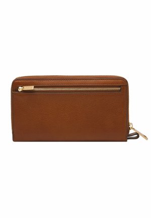 Portefeuille en cuir brun avec fermeture éclair, surface texturée et tirette dorée. Design épuré avec une forme compacte et sans embellissements visibles.