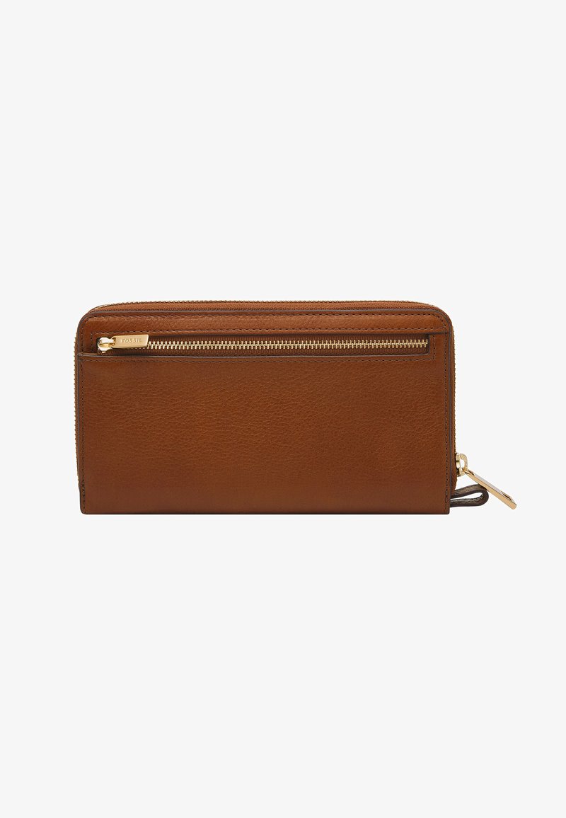 Portefeuille en cuir brun avec fermeture éclair, surface texturée et tirette dorée. Design épuré avec une forme compacte et sans embellissements visibles.