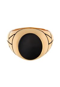 Anello signet in tono oro con una grande pietra ovale nera, caratterizzato da dettagli texturizzati e una finitura liscia e lucida.