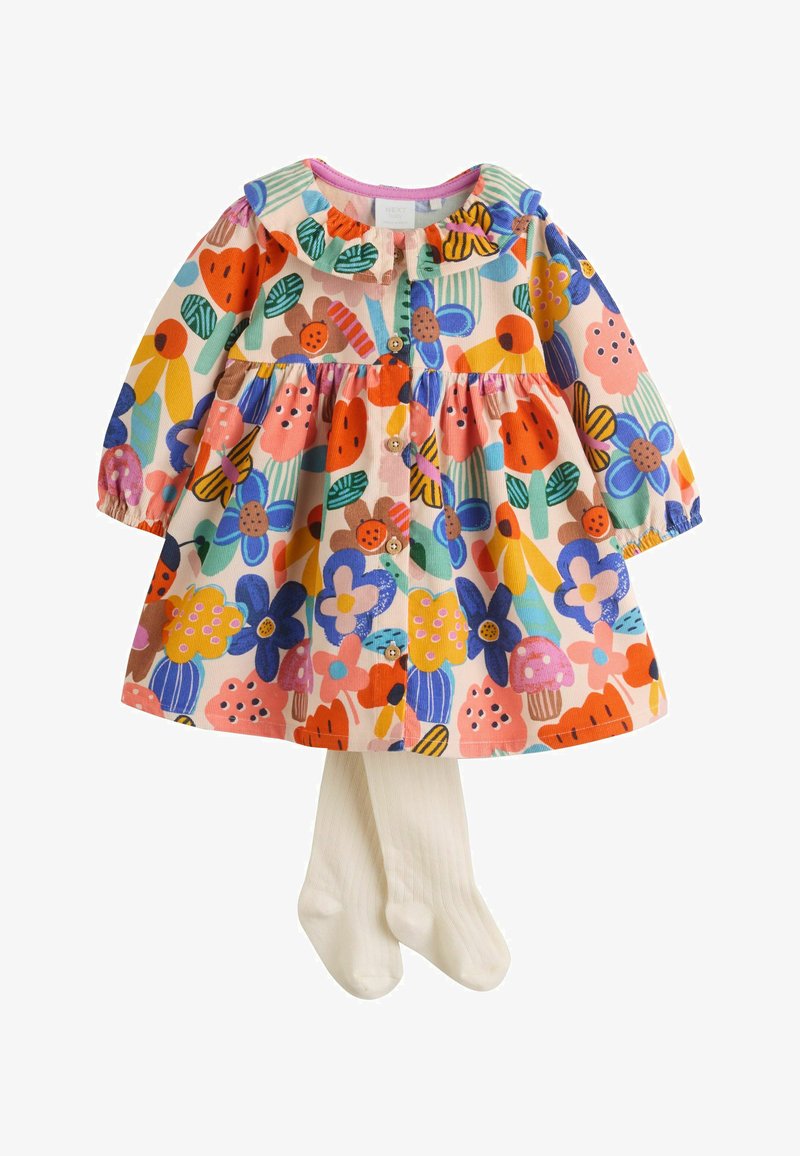 Vestido de bebé de manga larga con estampado floral colorido, cierre de botones en la parte delantera, cuello con volantes, combinado con leotardos de canalé en color crema.