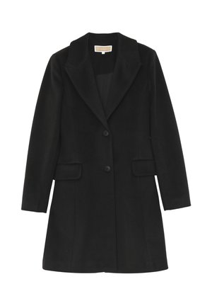Cappotto di lana nero di lunghezza media con due bottoni, colletto a revers, maniche lunghe e due tasche frontali con pattina.