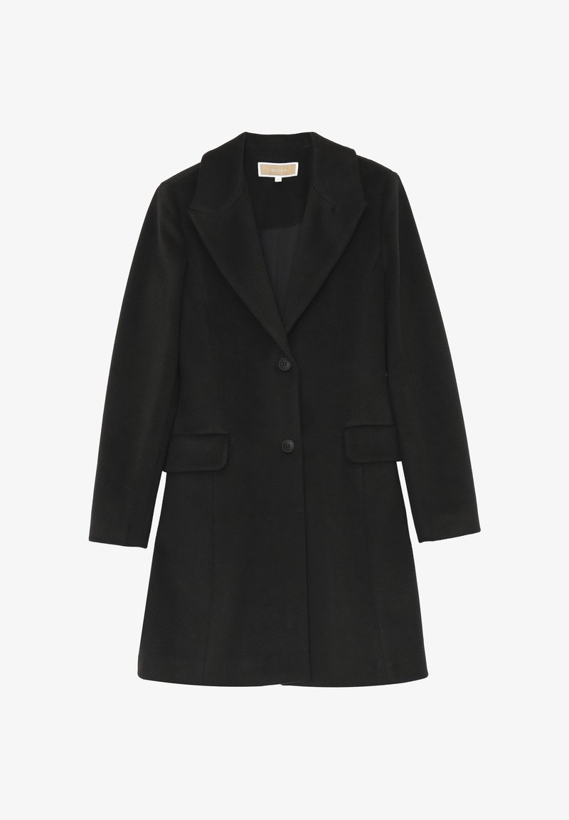 Cappotto di lana nero di lunghezza media con due bottoni, colletto a revers, maniche lunghe e due tasche frontali con pattina.