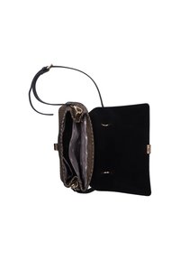 Sac à main noir avec une bordure texturée en or, deux compartiments intérieurs et une bandoulière réglable. Il possède un extérieur doux et velouté.