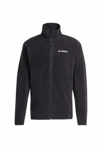 Black fleece jacket with a high collar, full zip, and embroidered "TERREX" logo. Soft texture and streamlined design. Ideal for layering.