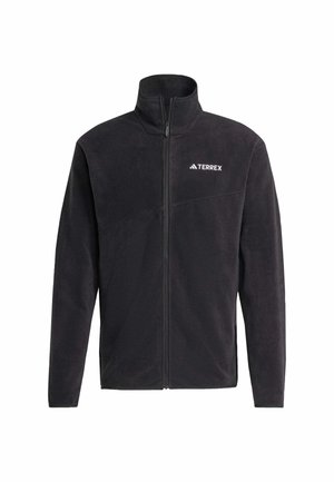 Black fleece jacket with a high collar, full zip, and embroidered "TERREX" logo. Soft texture and streamlined design. Ideal for layering.