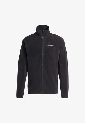 Schwarze Fleecejacke mit hohem Kragen, voller Reißverschluss und gesticktem "TERREX"-Logo. Weiche Textur und aerodynamisches Design. Ideal zum Übereinandertragen.