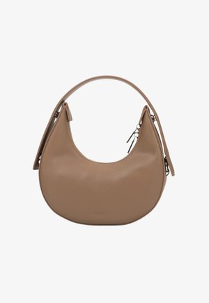 Brązowa torebka z ekoskóry o zakrzywionej sylwetce, z jednym okrągłym uchwytem i srebrnymi akcentami metalowymi. Zapięcie na solidny zamek.