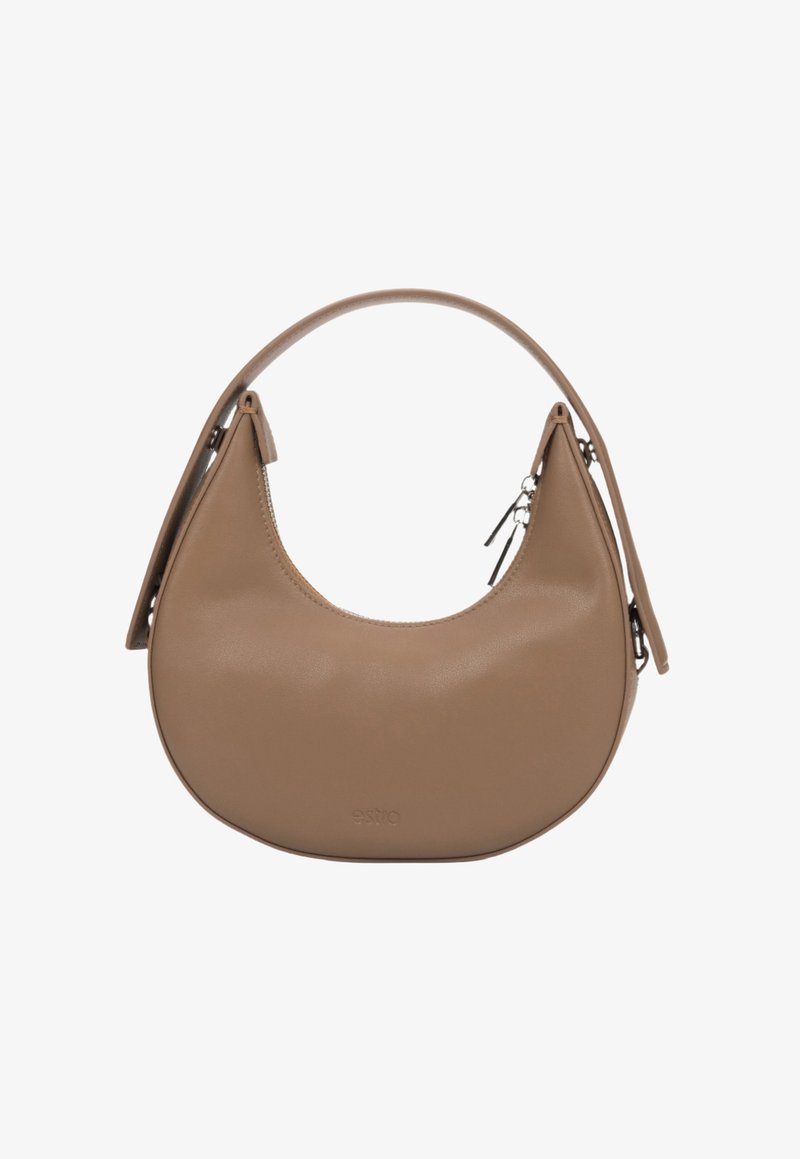 Brązowa torebka z ekoskóry o zakrzywionej sylwetce, z jednym okrągłym uchwytem i srebrnymi akcentami metalowymi. Zapięcie na solidny zamek.