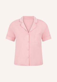 Roze kortemouwen overhemd met knoopsluiting, met een notch kraag, enkele borstzak en een gladde stofstructuur. Eenvoudig ontwerp en klassieke pasvorm.