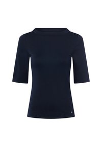 Marineblaues Kurzarmoberteil mit rundem Halsausschnitt. Glatte Textur, figurbetonte Passform und ein kleines Logo-Detail am Saum.
