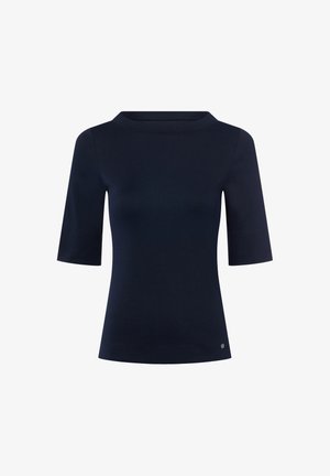 Marineblaues Kurzarmoberteil mit rundem Halsausschnitt. Glatte Textur, figurbetonte Passform und ein kleines Logo-Detail am Saum.