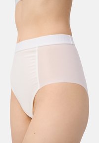 Witte hoge tailleonderbroek met een gladde textuur en een zachte, elastische tailleband. De zijpanelen hebben een doorschijnend ontwerp.