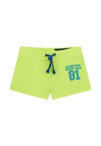Neon gröna badshorts med elastisk midja och blå snörning. Har "GUESS 81" i blått på framsidan. Slät textil.