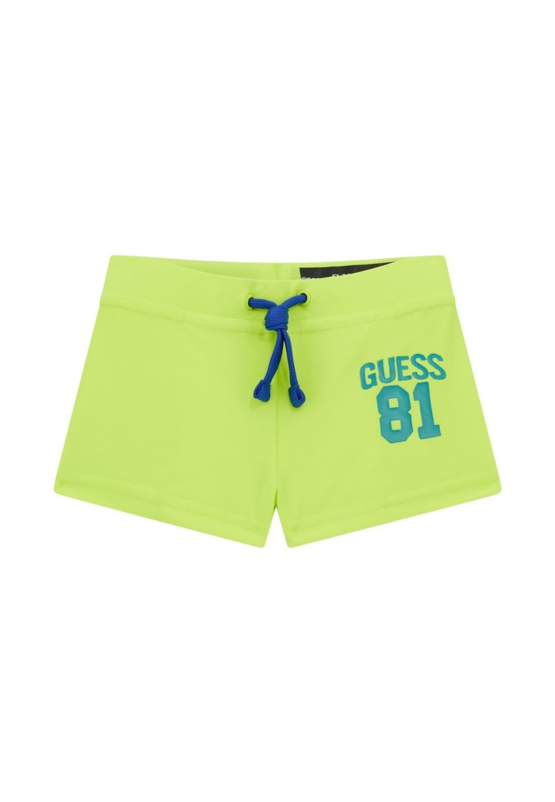Neon gröna badshorts med elastisk midja och blå snörning. Har "GUESS 81" i blått på framsidan. Slät textil.