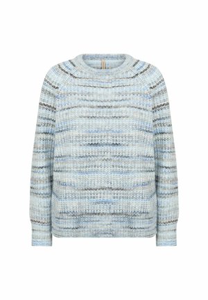 Light blue knitted sweater with a rounded neckline, featuring varied horizontal stripes in darker blue and gray tones. Long sleeves.