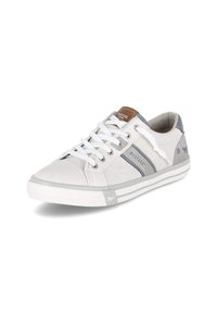 Sneakers bianchi in tela con accenti grigi, design con lacci, materiale perforato sui lati, suola in gomma e etichetta in pelle con marchio sulla linguetta.