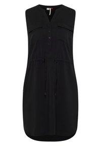 Vestido negro sin mangas con cuello tipo camisa, cierre de botones, dos bolsillos frontales, cintura con cordón y dobladillo redondeado. Textura de tela suave.