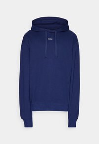 Námořnická modrá mikina s dlouhými rukávy, nastavitelnou kapucí se šňůrkou, žebrovanými manžetami a spodním lemem, a logem "HUGO" na hrudi.