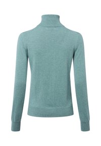 Helles türkisfarbenes Strick-Turtleneck mit langen Ärmeln und gerippten Bündchen. Glatte Textur, figurbetontes Design und keine sichtbaren Muster oder Verzierungen.