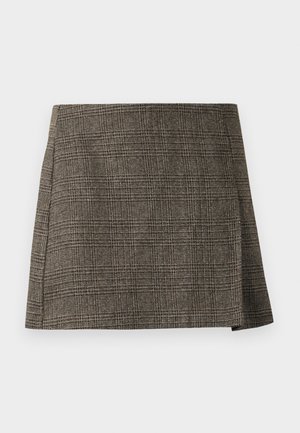 Jupe mini à carreaux marron et gris avec une subtile fente latérale, coupe droite et tissu texturé.