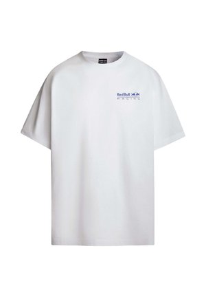 Weißes Baumwoll-T-Shirt mit lässigem Schnitt, Rundhalsausschnitt, kurzen Ärmeln, mit einem blauen Red Bull Racing-Logo auf der linken Brust.