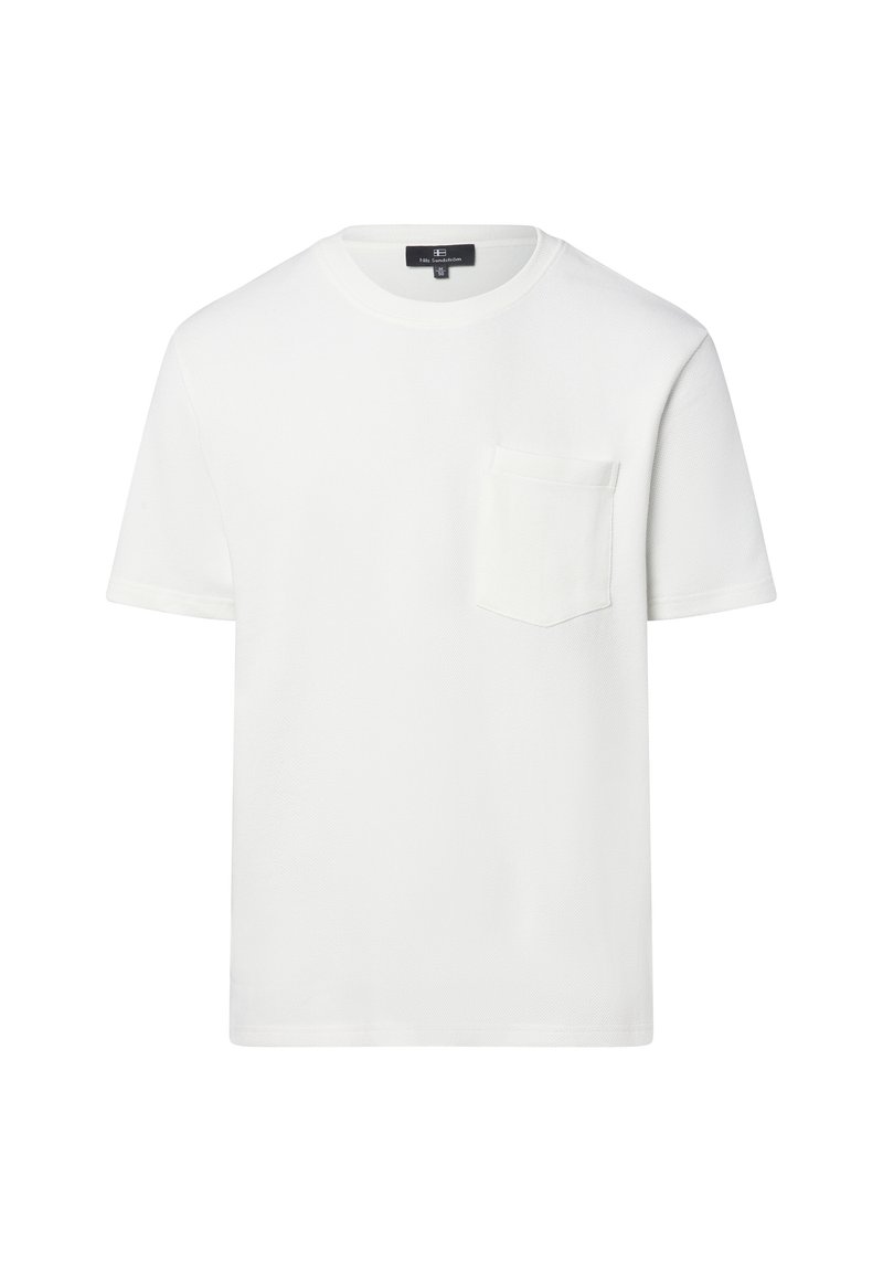 Weißes Baumwoll-T-Shirt mit Rundhalsausschnitt, kurzen Ärmeln und einer Brusttasche auf der linken Seite. Glatte Textur und schlichtes Design ohne sichtbare Muster.