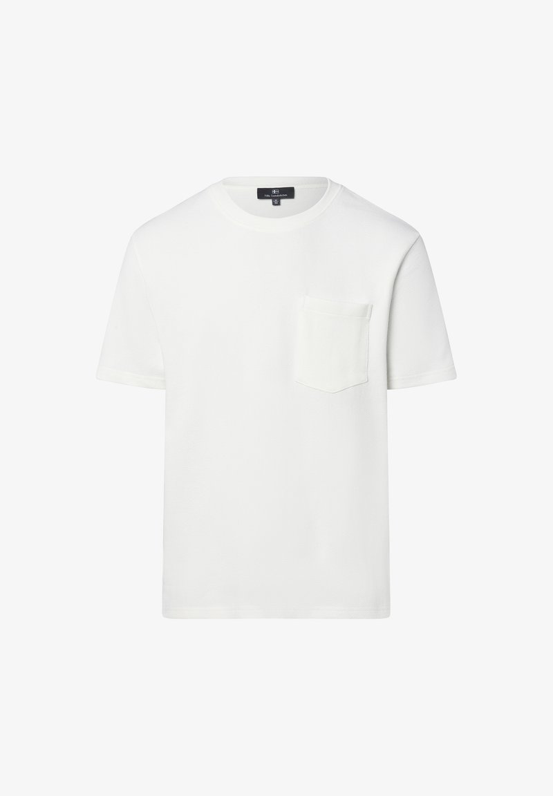 Weißes Baumwoll-T-Shirt mit Rundhalsausschnitt, kurzen Ärmeln und einer Brusttasche auf der linken Seite. Glatte Textur und schlichtes Design ohne sichtbare Muster.