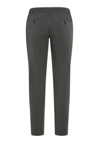 Pantalons gris fuselés avec taille élastique, dotés de deux poches arrière avec des fermetures à bouton et un tissu texturé.