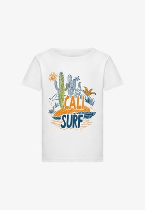 T-shirt en coton blanc avec un design graphique coloré comportant des cactus, des vagues et le texte "CALI SURF" en orange et bleu.
