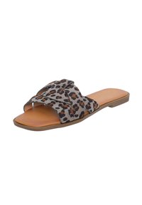 Ciabatta con stampa leopardata, dotata di fasce incrociate in tessuto, suola in gomma resistente e plantare marrone. Superficie texturizzata e design open-toe.