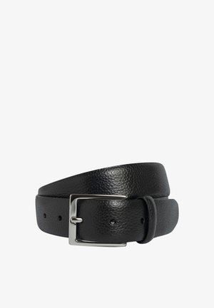Schwarzer Leder Gürtel mit strukturiertem Finish, silberner Metallschnalle und mehreren Anpassungslöchern für die Größe.