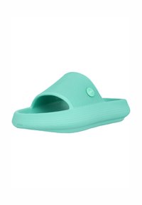 Turkos glidsandal i texturerad gummi med öppen tå och upphöjd häl. Har en cirkulär logotypdetalj på sidan.