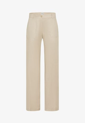 Beige wijde broek gemaakt van een textuurstof, voorzien van een knoopsluiting en twee voorzakken, met een rechte zoom en strakke lijnen.