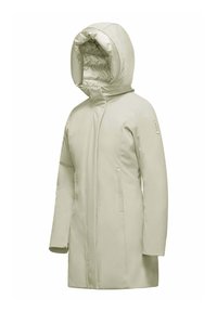 Cappotto impermeabile di un beige chiaro con cappuccio imbottito, maniche lunghe, due tasche laterali e design slim fit. Texture liscia e cuciture minime.