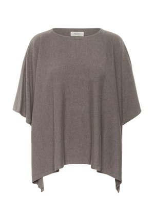 Gray oversized knit top with a wide neckline and loose sleeves, featuring a soft texture and a curved hem for a relaxed fit.