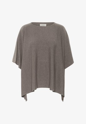 Gray oversized knit top with a wide neckline and loose sleeves, featuring a soft texture and a curved hem for a relaxed fit.