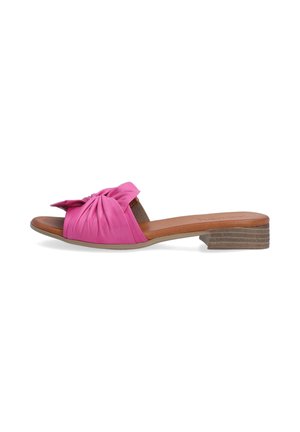 Damen-Pantolette mit offenem Zehenbereich, rosa gedrehtem Stoffoberteil, gepolsterter beige Innensohle und niedrigem, gestapeltem Holzabsatz.